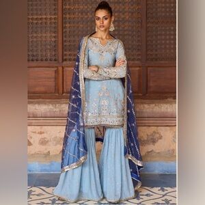 Lashkaraa Dusty Blue Georgette Gharara Suit